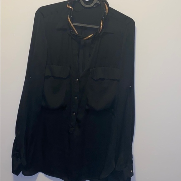 Zara black double pocket loose satin shirt  blouse - Picture 4 of 12